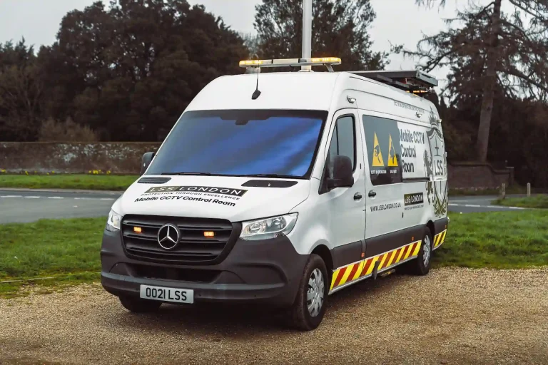 LSS London mobile CCTV control van parked roadside with warning lights, used for on-site surveillance and security monitoring.